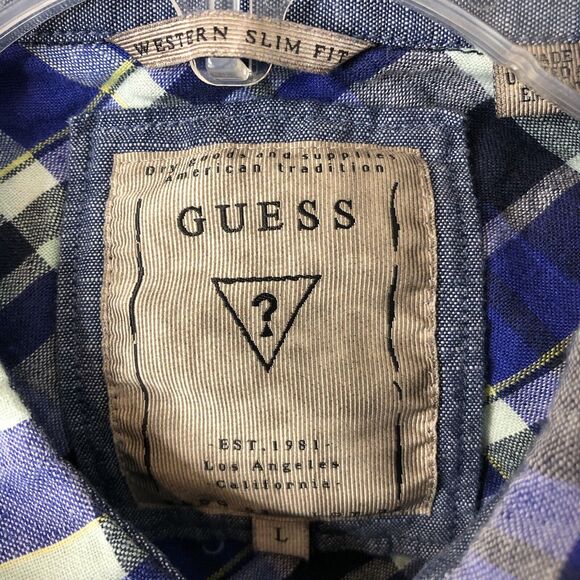 Guess Men's Western Slim Fit Blue Plaid Linen Blend Pearl Snap Shirt Size Large - Picture 3 of 6